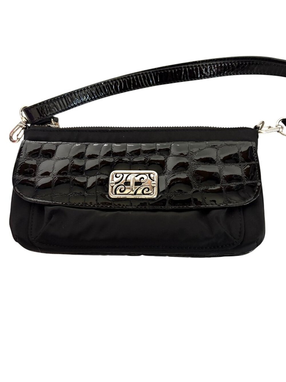 Brighton Black Nylon Faux Patent Leather Crossbody Bag Adjustable Strap Purse
